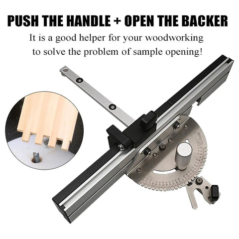 Precision Table Saw Miter Gauge With Repeat Cut Flip Stop Reliable Metal Fence, showing adjustable fence and detailed cut system.