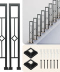 Rock Solid U Shaped Stair Handrails 2 Pack Sleek Matte Black Wrought Iron Railing With Rhombus Openwork Cutouts For Indoor Entryway And Hallway, includes installation accessories.