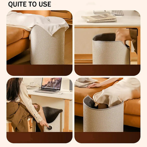 Under Desk Leg Warmer For Office Comfort With Five Second Heating And Eight Speed Settings 360 Degree Fully Enclosed Heating Foldable Portable Electric Warmer In Pink For Desk Travel Or Dorm Cozy Warmth shown in various usage scenarios under desk with person using.