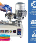 Workhorse Desktop 3D Printer Filament Extruder Maker With Crisp Digital Screen And Hassle Free Pellet Feed System For Churning Out Clean Recycled Plastic Filament At Ridiculous Speeds with blue plastic pellets and control panel.