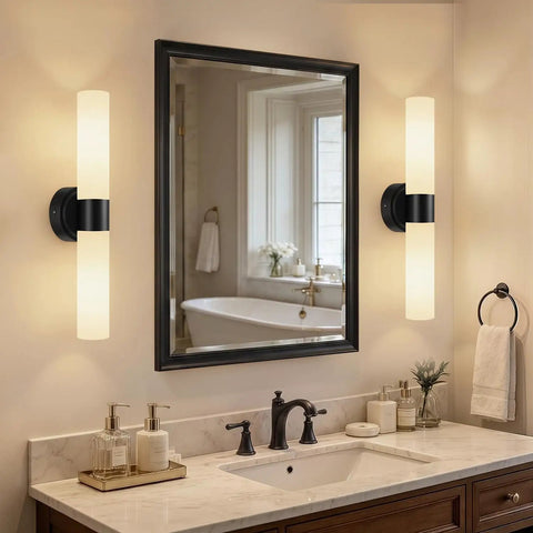 Rechargeable Wall Sconces Set of Two, Modern Matte Battery Operated Wall Light Fixtures with Remote Control, Dimmable Wireless Wall Sconces with Milky Glass for Bathroom Mirror.