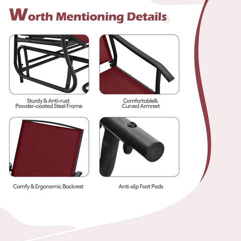 Worth mentioning details of Two Person Swing Glider Chair With Center Tempered Glass Table Outdoor Patio Rocking Loveseat On Steel Frame With Breathable Mesh Fabric Perfect Balcony Or Poolside Seating In Burgundy features a powder-coated steel frame and ergonomic design