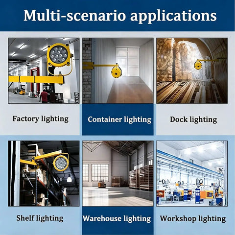 Rugged Dockside LED Work Light 30W With Rotating Head, IP65 Waterproof, Clear Glass Lens, Fully Sealed Housing, 5500 Lumens, 45-Inch Foldable Arm, Ideal For Docks, Containers And Yard Jobs in factory, warehouse, dock and workshop scenes