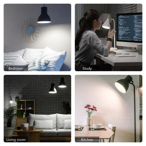 60W Equivalent A19 LED Light Bulbs 2700K Warm White in bedroom, study, living room, and kitchen settings, showcasing versatility.