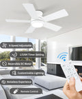 42 Inch White Ceiling Fan With LED Light Kit And Remote Low Profile Flush Mount Energy Efficient DC Motor Five Blades Quiet Operation