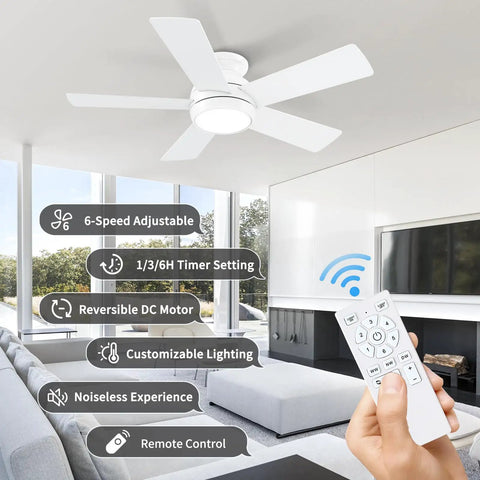 42 Inch White Ceiling Fan With LED Light Kit And Remote Low Profile Flush Mount Energy Efficient DC Motor Five Blades Quiet Operation