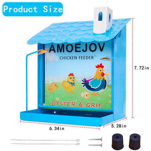 Top Shelf Metal Chicken Grit And Oyster Shell Feeder For Backyard Hens Automatic Poultry Coop Dispenser with size details.