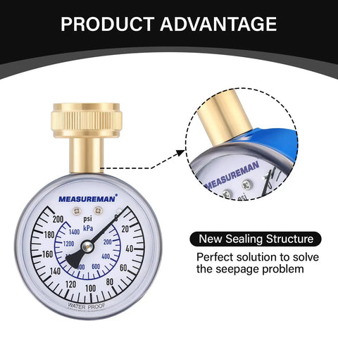 Blue Steel 2-1/2 Inch Water Pressure Gauge 0-200 PSI With 3/4 Inch Hose Thread, Hose Bib Pressure Gauge - dual view.