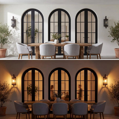Day and night view of Solid Copper Outdoor Wall Light with Oil Rubbed Bronze Finish, illuminating a patio dining area.