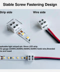 30 Pack Solderless LED Tape Light Connectors With Screw Terminal Blocks 2 Pin 10mm, Includes Screwdriver, Wire To COB Strip Connector, For 5V 12V 24V Monochrome Low Voltage LED Strips, IP65 Waterproof, Quick Easy Install, showing stable screw fastening design.