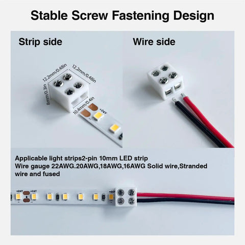 30 Pack Solderless LED Tape Light Connectors With Screw Terminal Blocks 2 Pin 10mm, Includes Screwdriver, Wire To COB Strip Connector, For 5V 12V 24V Monochrome Low Voltage LED Strips, IP65 Waterproof, Quick Easy Install, showing stable screw fastening design.