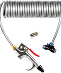 Pro Shop Grade Heavy Duty Air Blow Gun Kit Built Tough With Quarter Inch NPT Lever And Swappable Metal Nozzles, coiled hose and nozzle.