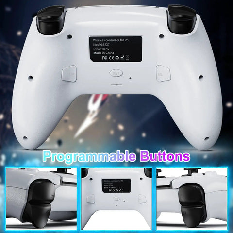 Wireless Game Controller For P5 And PC Steam Deck Programmable Buttons Vibration 6 Axis Sensor Built In Speaker Mute Function 3.5mm Headphone Jack Touch Pad LED Light Bar And Audio Output White, rear view