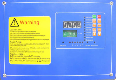 Control panel of Movable Pulse Dust Collector With Back Blowing System And Vibra Shake Filtration, displaying digital readings