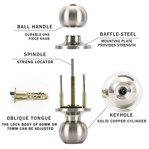 Diagram of Soft Satin Stainless Steel Door Knob With Lock And Key For Bedroom And Bathroom Entry Doors No Fuss Install