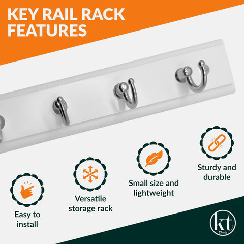 Wall Mounted Key Rack With Four Hooks, Steel And Wood Key Holder, White Modern Home Organizer with installation features