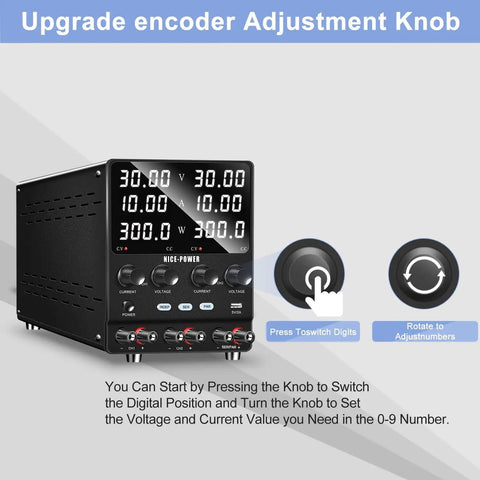 4 In 1 Dual DC Bench Power Supply With 30V 10A Or 60V 10A In Series Or 30V 20A In Parallel Plus 5V 2A USB Port with adjustment knob