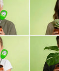 Four people holding potted plants with Analog Soil Moisture Meter For Plants With Color Coded Dial Hygrometer Water Monitor inserted.