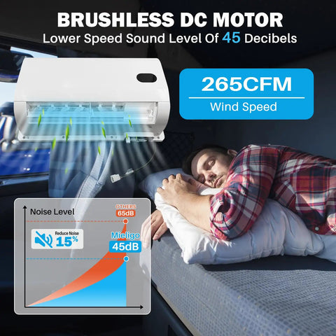 Man sleeping near 12V Mini Split Air Conditioner With Brushless Motor For Trucks RVs And Vans 9500 BTU DC To AC Cooling system