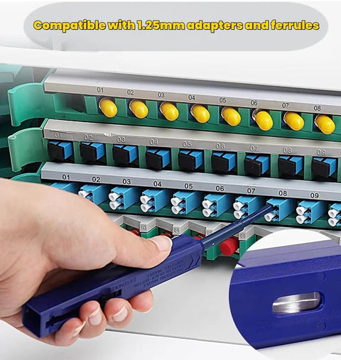 Front view of blue Mexture LC fiber optic cleaner pen for 1.25mm LC connectors