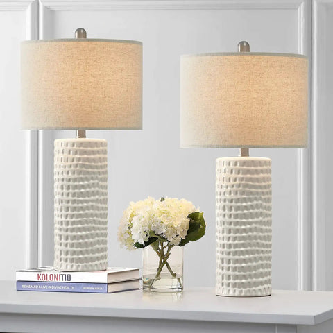 Modern 24.5 Inch Ceramic Table Lamp Set Of 2 With White Shades Farmhouse End Table Lamps for living room, bedroom, or office decor.