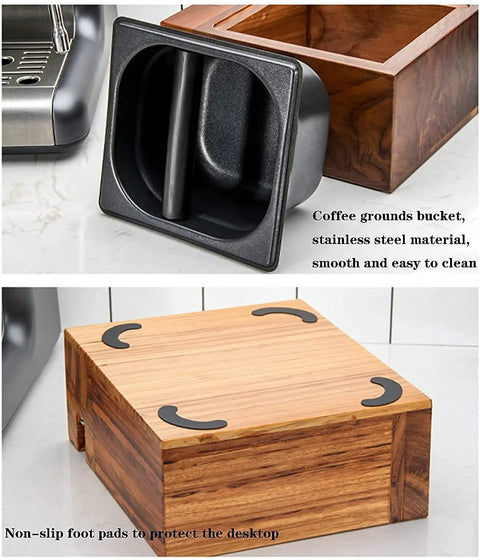 Rock Solid Espresso Knock Box With Detachable Dregs Bin And Anti Slip Base Stainless Steel Tamping Platform showing coffee grounds bucket and wooden base.