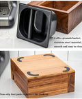 Adjustable Coffee Knock Box With Compact Tamping Station And Detachable Puck Container, stainless steel waste bucket and wooden base.