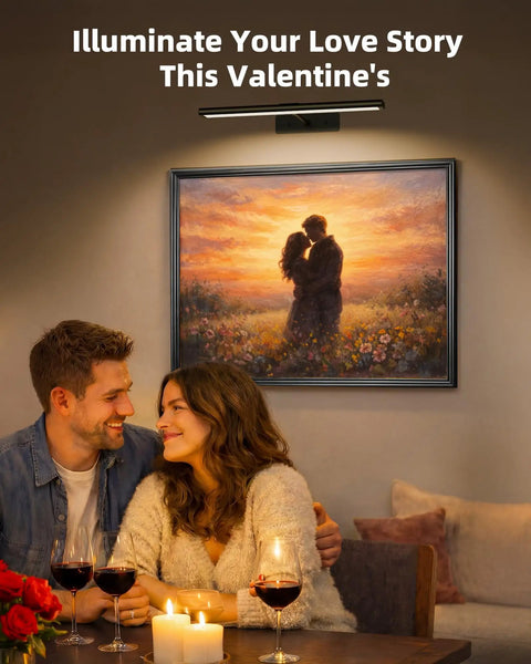 Slick Wireless Picture Light Featuring A Solid 4800mAh Battery And Strong Magnetic Mount With Ir Remote For Smooth Gallery Vibes And Dope Living Room Wall Lighting Upgrades illuminating a romantic dinner setting.