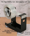 Heavy Duty Desktop Tape Dispenser With Solid Steel Base And Precision Serrated Blade For Straight Up Clean Cuts On Packing Boxes And Office Supplies No Sweat Desk Setup, showing a clear cutting blade and tape.