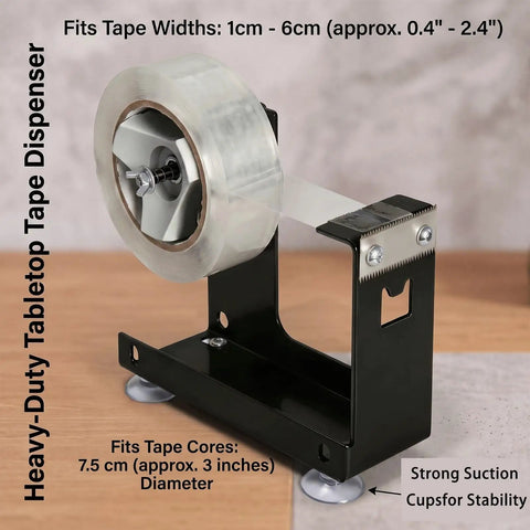 Heavy Duty Desktop Tape Dispenser With Solid Steel Base And Precision Serrated Blade For Straight Up Clean Cuts On Packing Boxes And Office Supplies No Sweat Desk Setup, showing a clear cutting blade and tape.