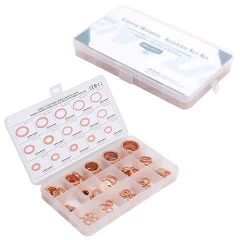 Solid 150 Pack Red Copper Gasket Washers M5 To M22 Perfect For Car Sealing Jobs Oil Water Fuel Hydraulic Connections That Keep You From Leaking Or Stressing No More Drips Just Quality Seals That Last! red copper washer kit in plastic organizer case