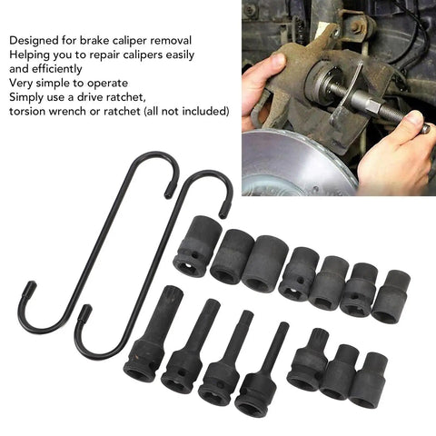 Sorandy 16 Piece Impact Brake Caliper Socket Set For German Cars With Storage Case Master Tool Kit Includes Pentagonal Hexagonal 7 Tooth Drives To Remove Stripped Bolts Fast And Save Your Day On Auto Repair Jobs. 16-piece steel sockets for brake caliper removal