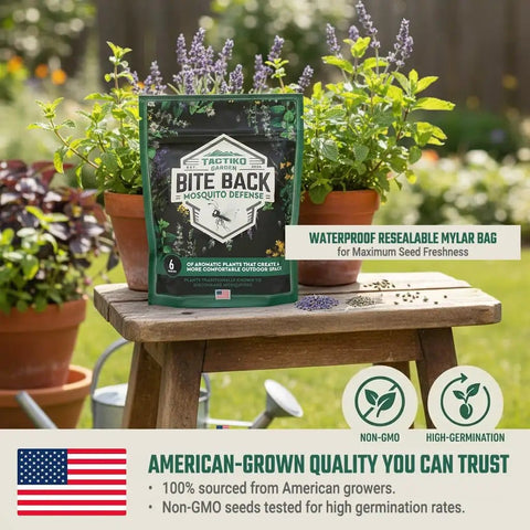 Garden Aromatic Herb Seed Kit For Mosquito Season With Six Seed Packets For Patio And Deck Includes Lavender Lemongrass Marigold Catnip Lemon Balm Basil And Six Coir Soil Discs package on wooden stool in garden