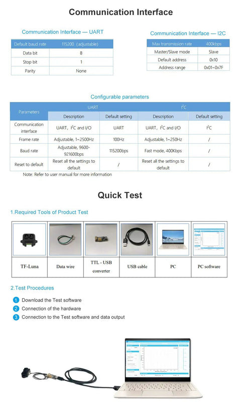 Testing setup and interface configuration for TF Luna LiDAR Sensor For Drones And Robots Short Range 0.1 To 8 Meters Single Point Ranging TOF Module With UART And I2C Pro Grade Obstacle Avoidance Works With Pixhawk And Raspberry Pi Low Power Under 0.35W.