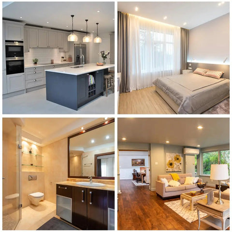 Modern home interiors including kitchen, bedroom, bathroom, and living room with elegant designs and warm lighting.