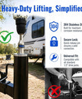 Heavy Duty Stainless Steel Trailer Jack Drill Adapter For Half Inch Jack Drive Shaft mounted on a trailer jack with drill attached.
