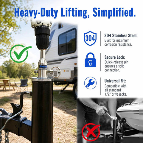 Heavy Duty Stainless Steel Trailer Jack Drill Adapter For Half Inch Jack Drive Shaft mounted on a trailer jack with drill attached.
