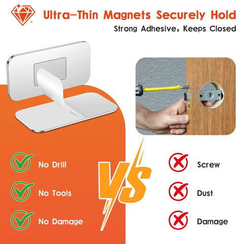 Comparison image showing 10 Pack Ultra Thin Magnetic Cabinet Door Catch Set With Double-Sided Adhesive vs traditional screw installation.