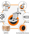 Caster wheels, 3-inch polyurethane swiveling casters with brakes, set of 4, threaded 3/8-16 stems, orange wheels