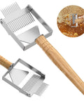 2-In-1 Beekeeping Uncapping Fork And Scraper Tool Stainless Steel With Wooden Handle, showing tines and honeycomb scraping.