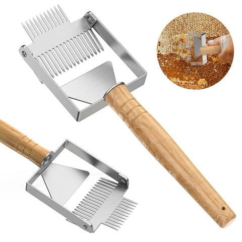 2-In-1 Beekeeping Uncapping Fork And Scraper Tool Stainless Steel With Wooden Handle, showing tines and honeycomb scraping.