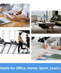 Collage of activities: office work, fitness on treadmills, relaxing home decor, and studying with stationery.