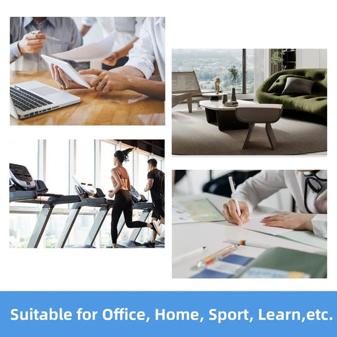 Collage of activities: office work, fitness on treadmills, relaxing home decor, and studying with stationery.