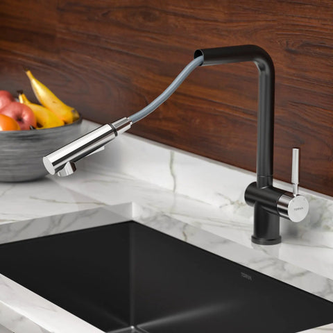 Pull Down Kitchen Faucet With Deck Plate And Sprayer, Dual Tone Matte Black And Chrome Finish, High Arc Spout over marble sink