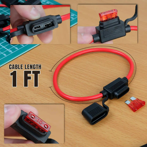 Sweet Ride Essentials 10 Piece Atc Ato Inline Fuse Cable Kit With 18 Awg Wiring Harness And 70 Spare Blade Fuses showing 1 ft red cable with fuse holder.