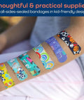 Colorful bandages on arm from Large 270 Piece First Aid Kit For Kids And Family All In One Car Home Dorm And Boat Kit