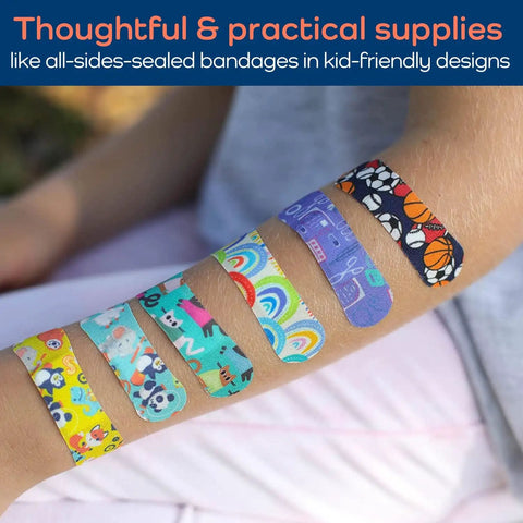 Colorful bandages on arm from Large 270 Piece First Aid Kit For Kids And Family All In One Car Home Dorm And Boat Kit