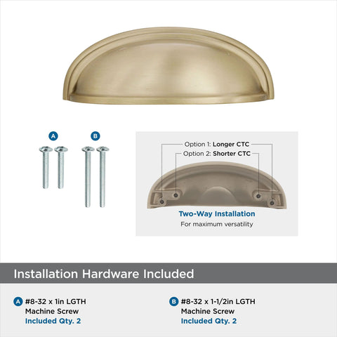 Golden Champagne Ashby Cabinet Cup Pull for 3 Inch Center To Center and 4 Inch Center To Center Spacing with installation hardware