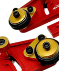 Close-up of Badass Adjustable Roller Featherboard Rock Solid Aluminum Woodworking Feed Guide with gold and black polyurethane wheels.