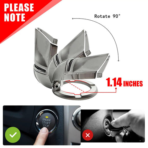 Mando Style Universal Car Start Button Cover 3D Design In Silver, Protective Start Stop Button Shield For Cars, Child Safety Saver, Easy Interior Decor Upgrade, Fits Most Models. 1.14-inch zinc alloy cover shown with rotate 90° instruction.